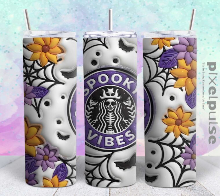 spooky vibes halloween 3d 20oz tumbler design Tumbler Wrap | spooky vibes halloween Tumbler Digital File | Skinny tumbler Sublimation png,