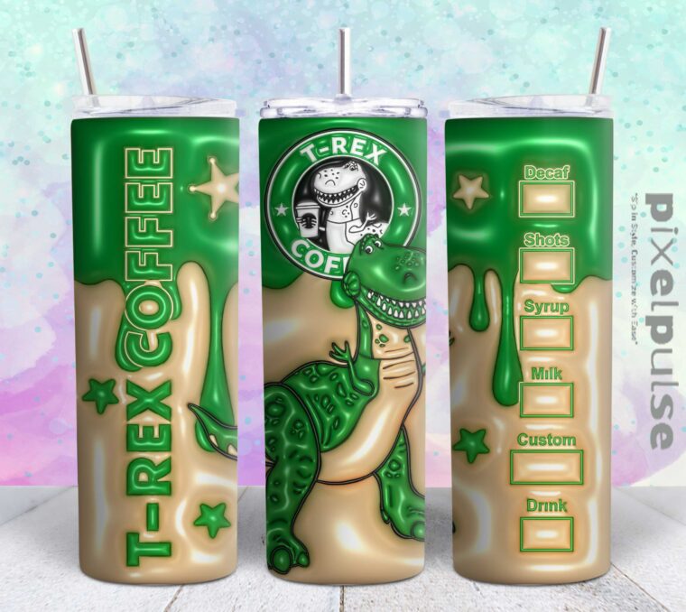 t-rex coffee 3d 20oz tumbler design Tumbler Wrap | t-rex coffee Tumbler Digital File | Skinny tumbler Sublimation png,